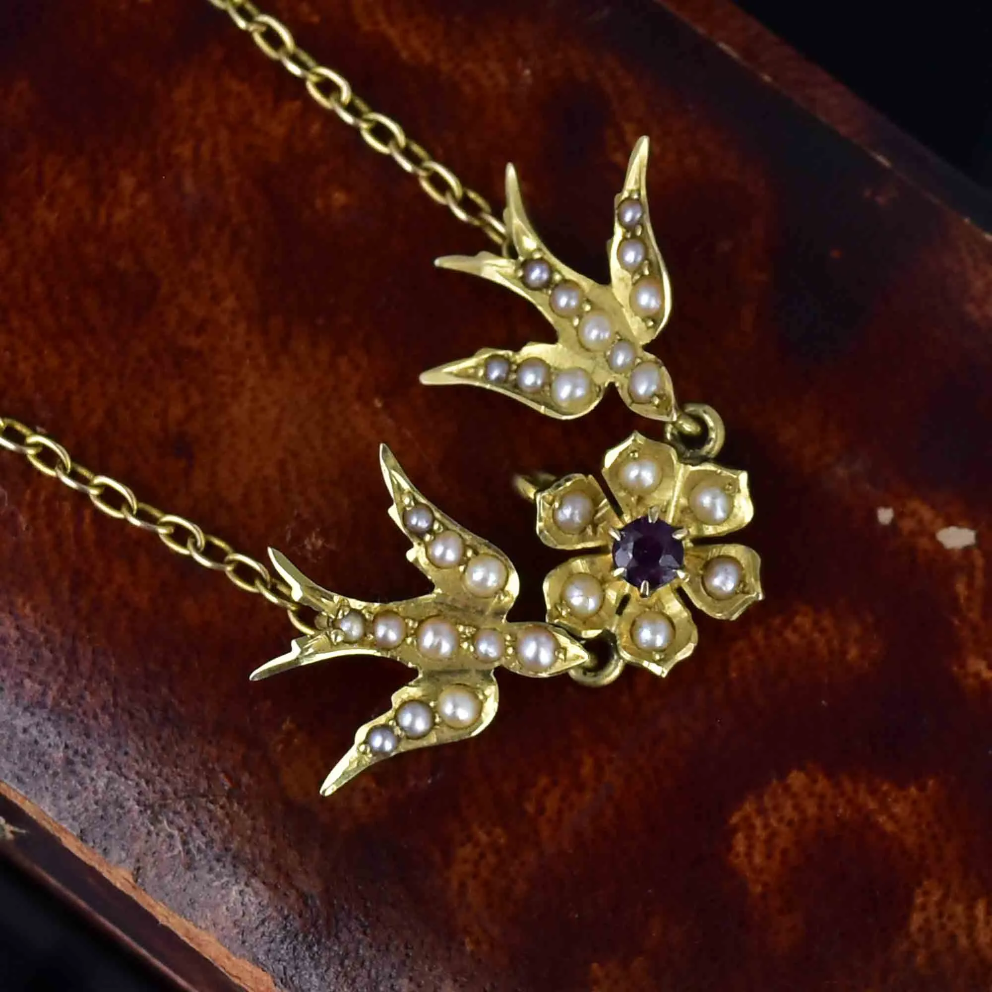 14K Gold Edwardian Amethyst Seed Pearl Swallow Bird Necklace