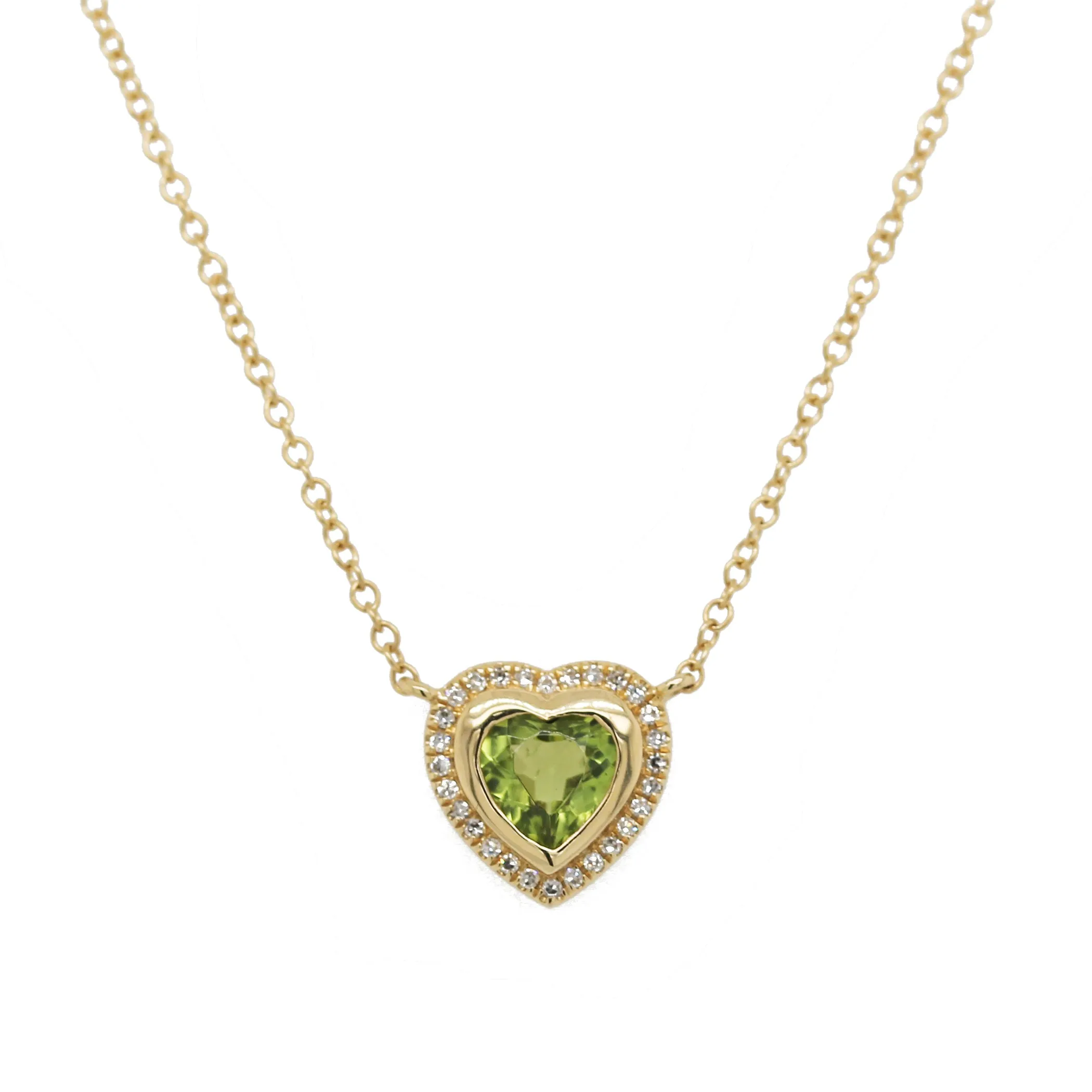 14K PERIDOT HEART WITH DIAMOND HALO NECKLACE