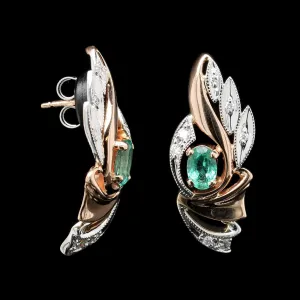 14K Rose and White Gold Estate Emerald and Diamond Earrings