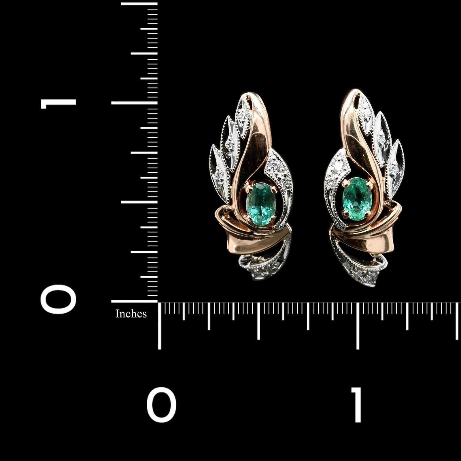 14K Rose and White Gold Estate Emerald and Diamond Earrings
