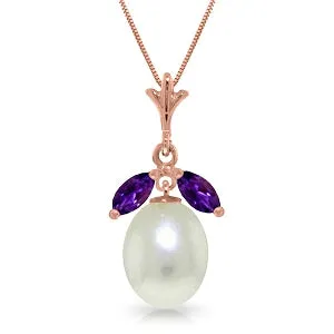 14K Solid Rose Gold Necklace w/ Parl & Amethysts