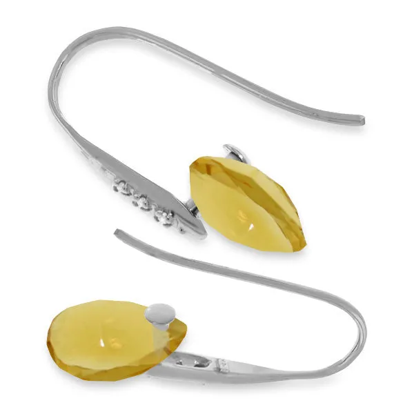 14K Solid White Gold Fish Hook Earrings w/ Diamonds & Dangling Briolette Citrines