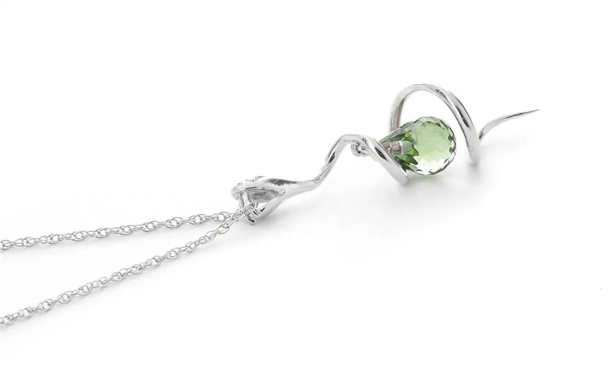 14K Solid White Gold Snake Necklace w/ Dangling Briolette Green Amethyst & Diamond
