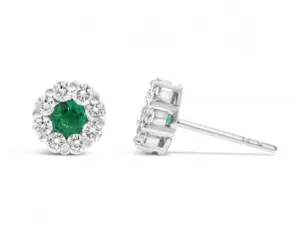 14k White Gold Emerald & Diamond Halo Petite Stud Earrings (I7512)