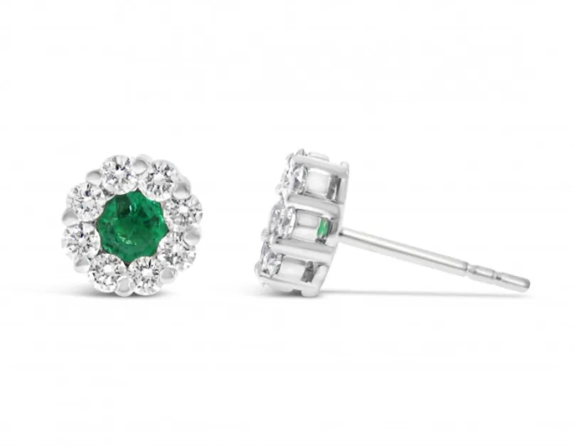 14k White Gold Emerald & Diamond Halo Petite Stud Earrings (I7512)