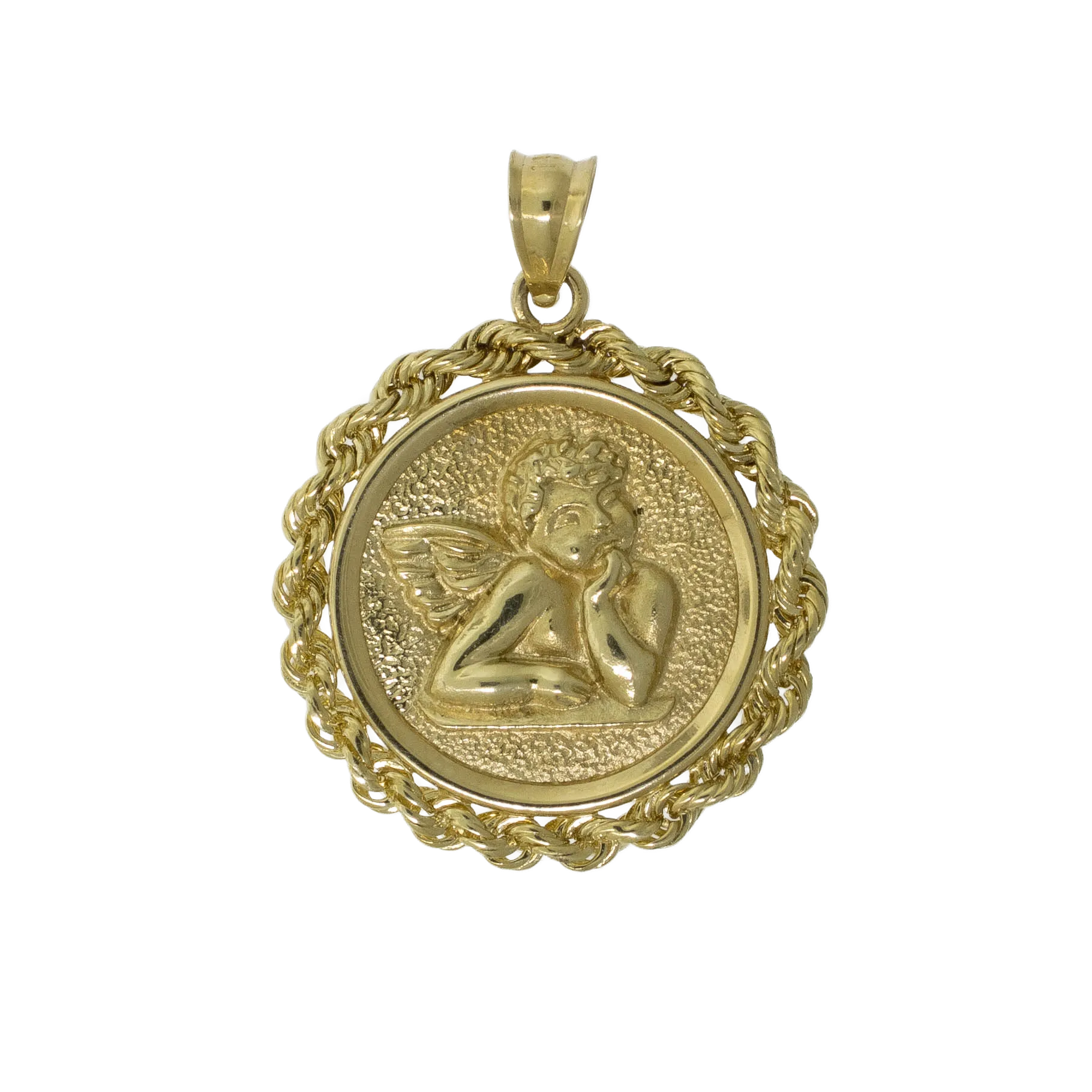 14K Yellow Gold Cherub Charm in Rope Frame About 0.9 Inches Wide Preowned