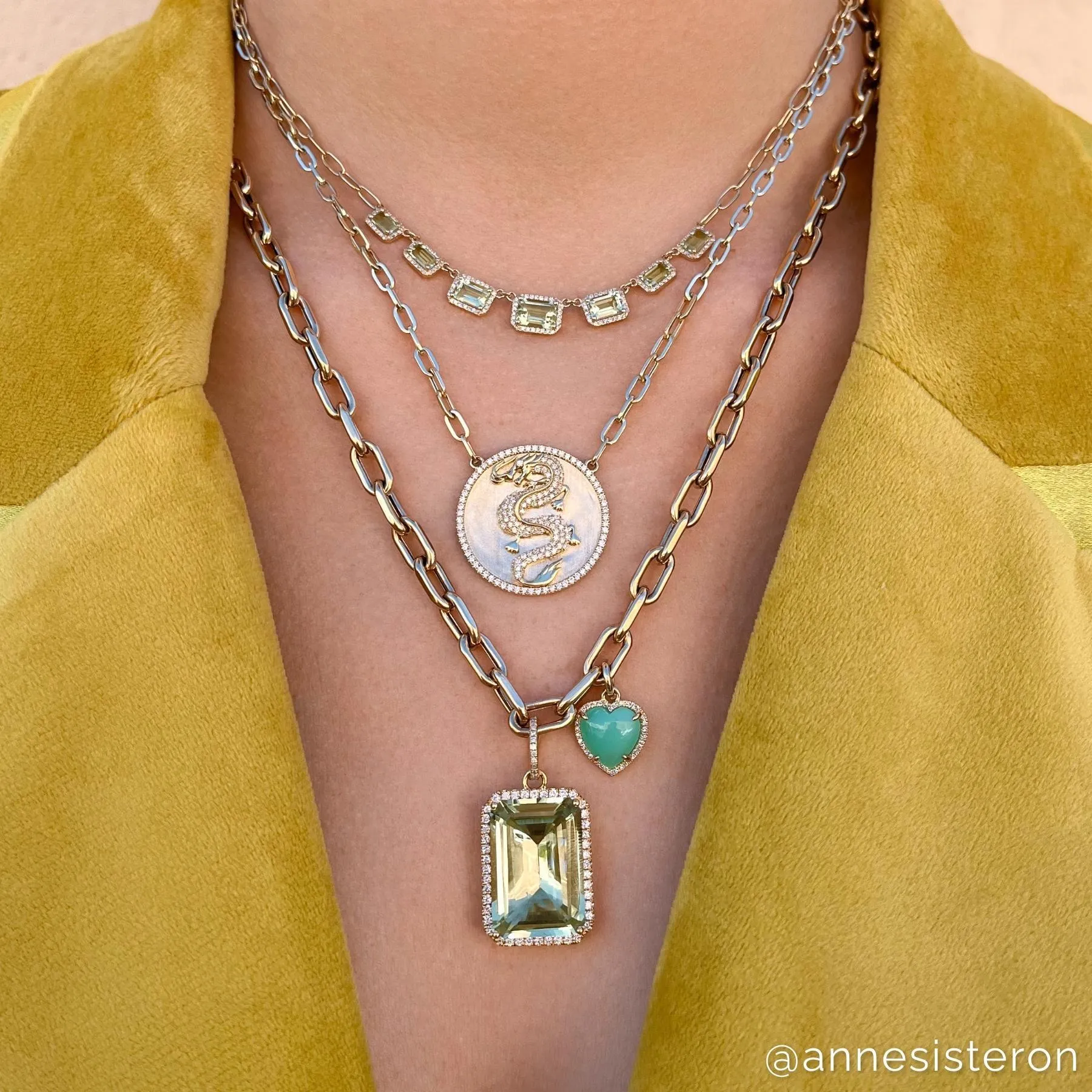 14KT Yellow Gold Diamond Green Amethyst Francesca Chain Link Necklace