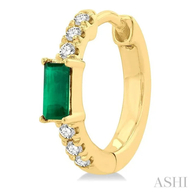 1/8 ctw Petite 4X2MM Emerald and Round Cut Diamond Fashion Huggies in 10K Yellow Gold