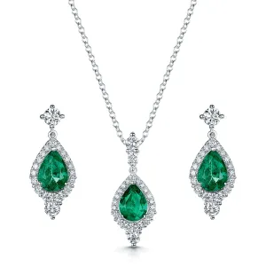 18ct White Gold Emerald & Diamond Pendant & Earring Set