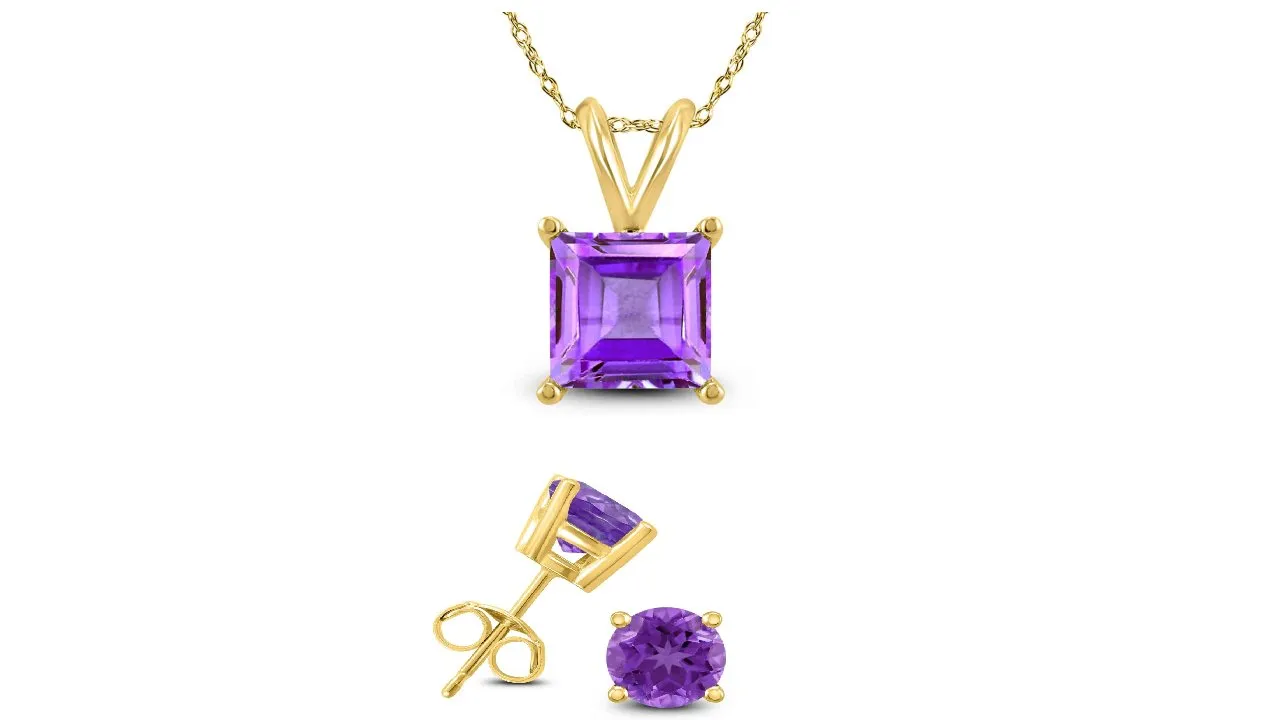 18K Yellow Gold 1ct Amethyst Square 18 Inch Necklace and Round Earrings Set Plated