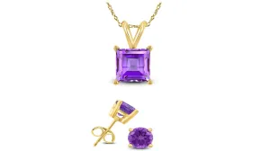 18K Yellow Gold 1ct Amethyst Square 18 Inch Necklace and Round Earrings Set Plated