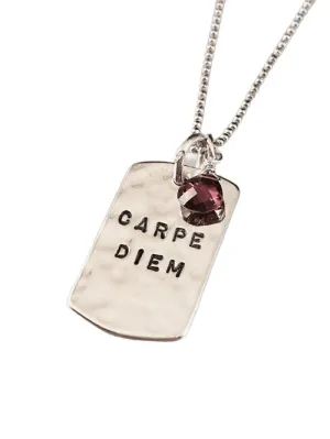 18" Carpe Diem Hammered Dog Tag Sterling Silver Necklace with Garnet
