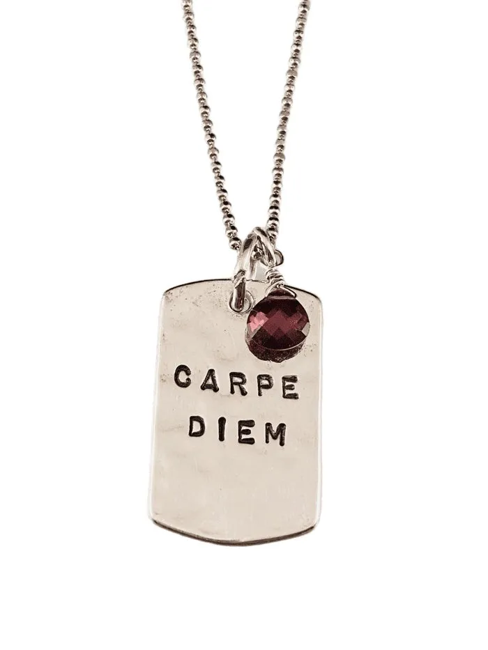 18" Carpe Diem Hammered Dog Tag Sterling Silver Necklace with Garnet