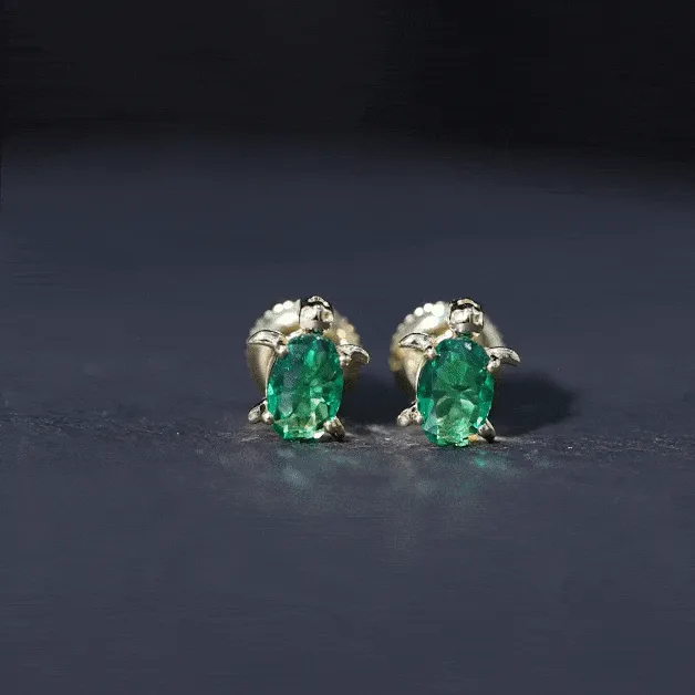 3/4 CT Oval Cut Created Emerald Solitaire Turtle Stud Earrings