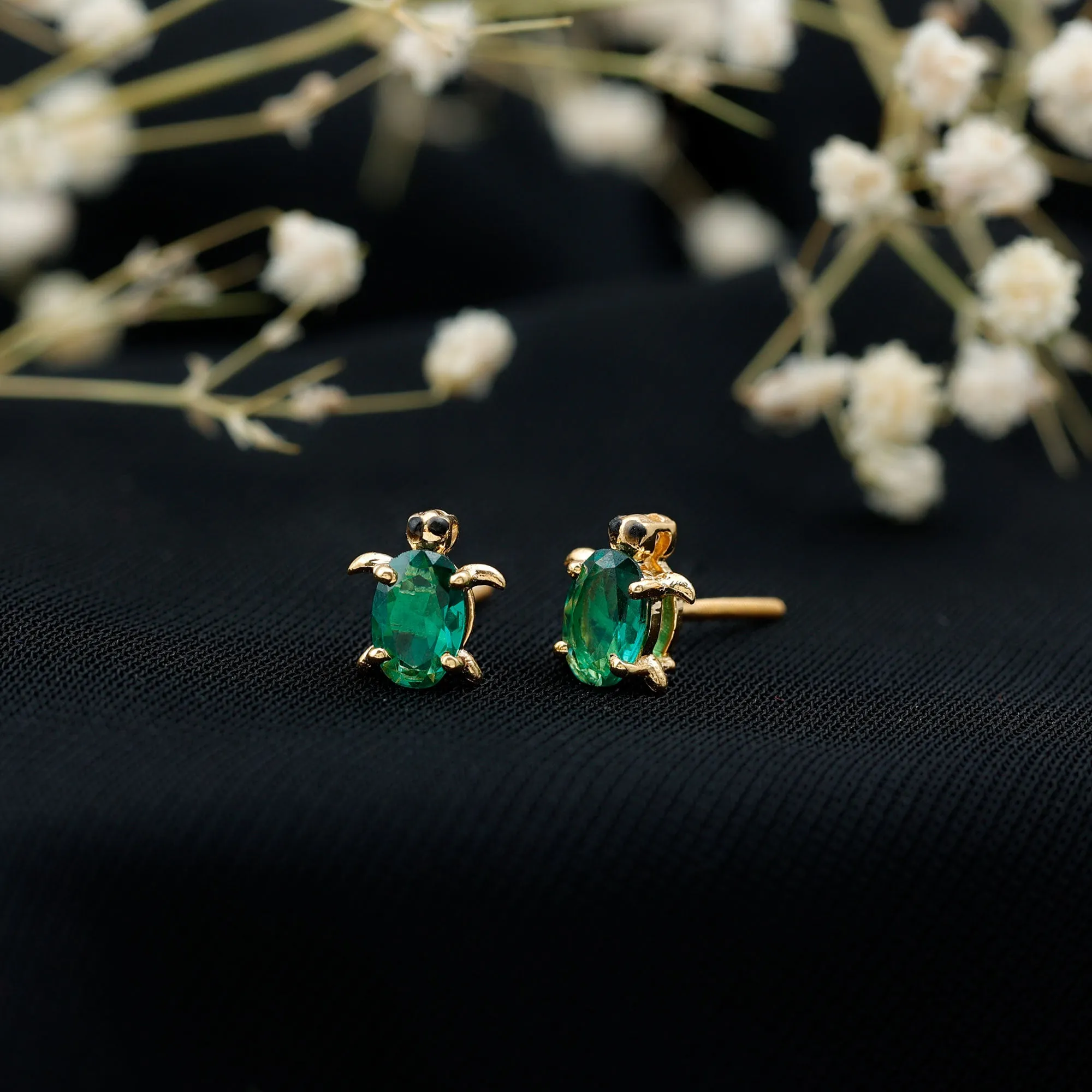 3/4 CT Oval Cut Created Emerald Solitaire Turtle Stud Earrings