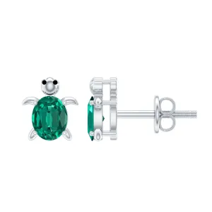 3/4 CT Oval Cut Created Emerald Solitaire Turtle Stud Earrings