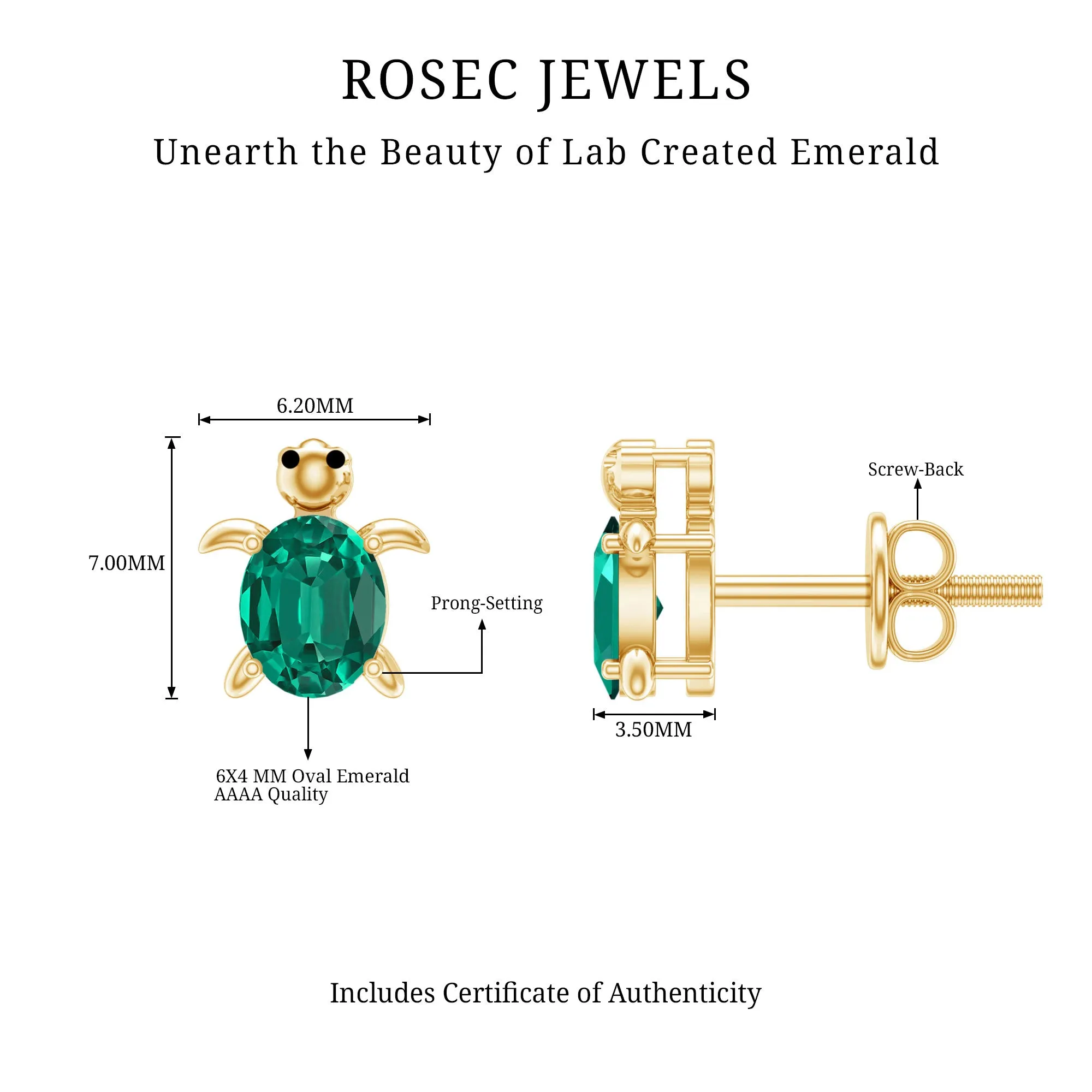 3/4 CT Oval Cut Created Emerald Solitaire Turtle Stud Earrings