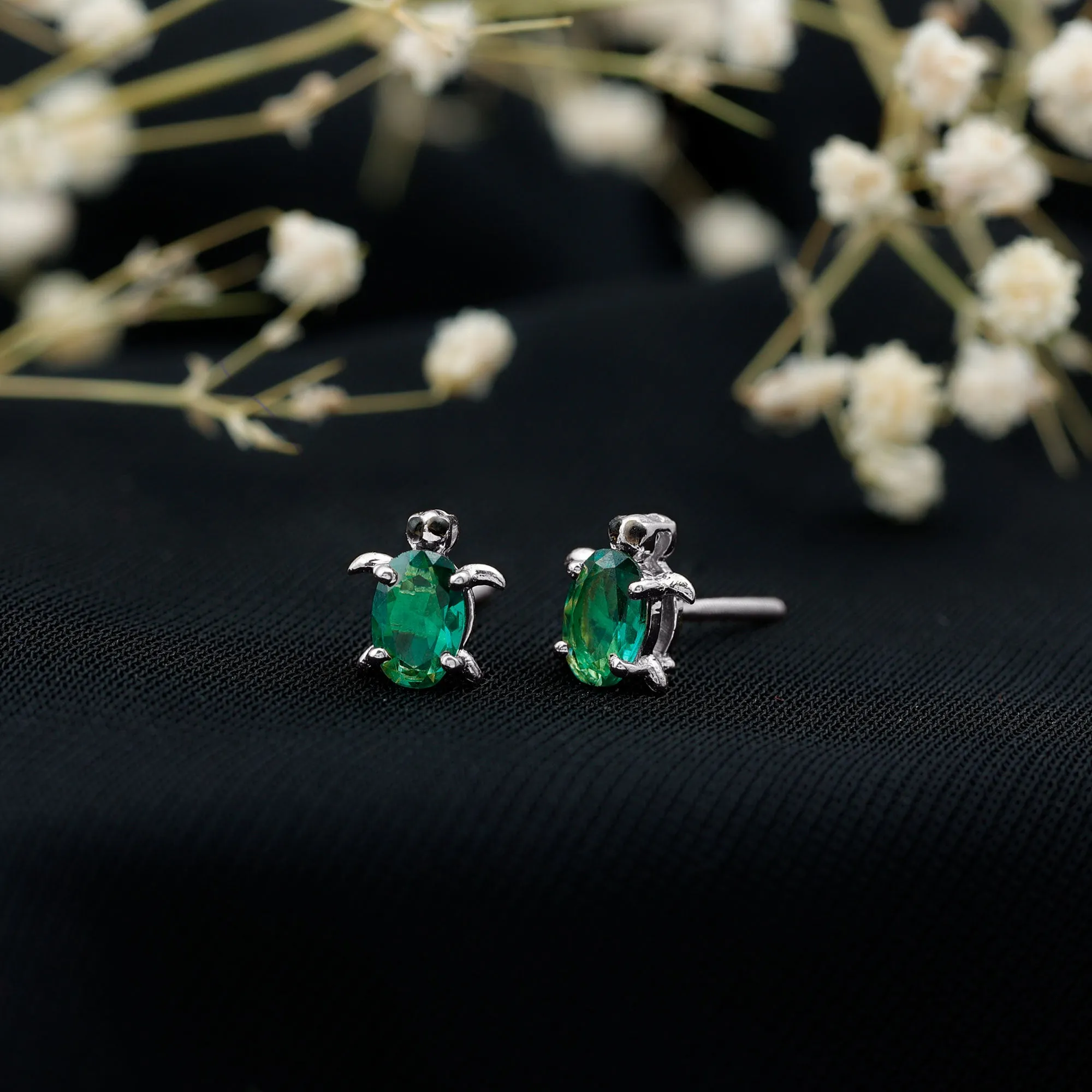 3/4 CT Oval Cut Created Emerald Solitaire Turtle Stud Earrings