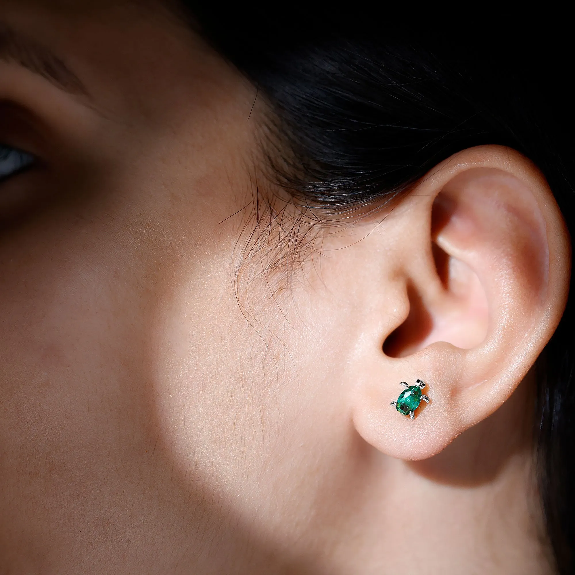3/4 CT Oval Cut Created Emerald Solitaire Turtle Stud Earrings