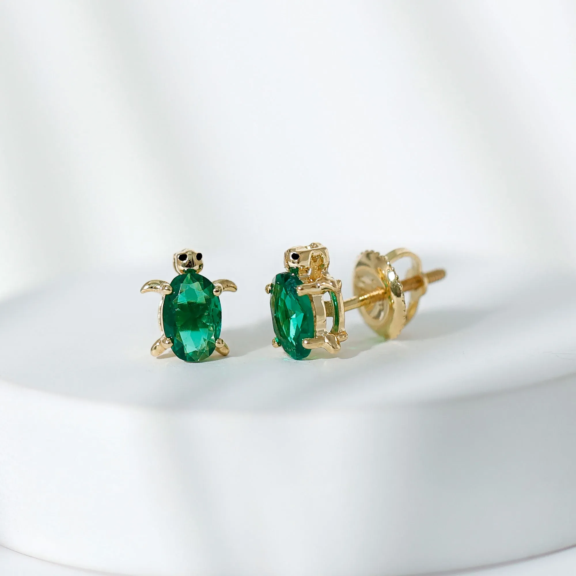 3/4 CT Oval Cut Created Emerald Solitaire Turtle Stud Earrings