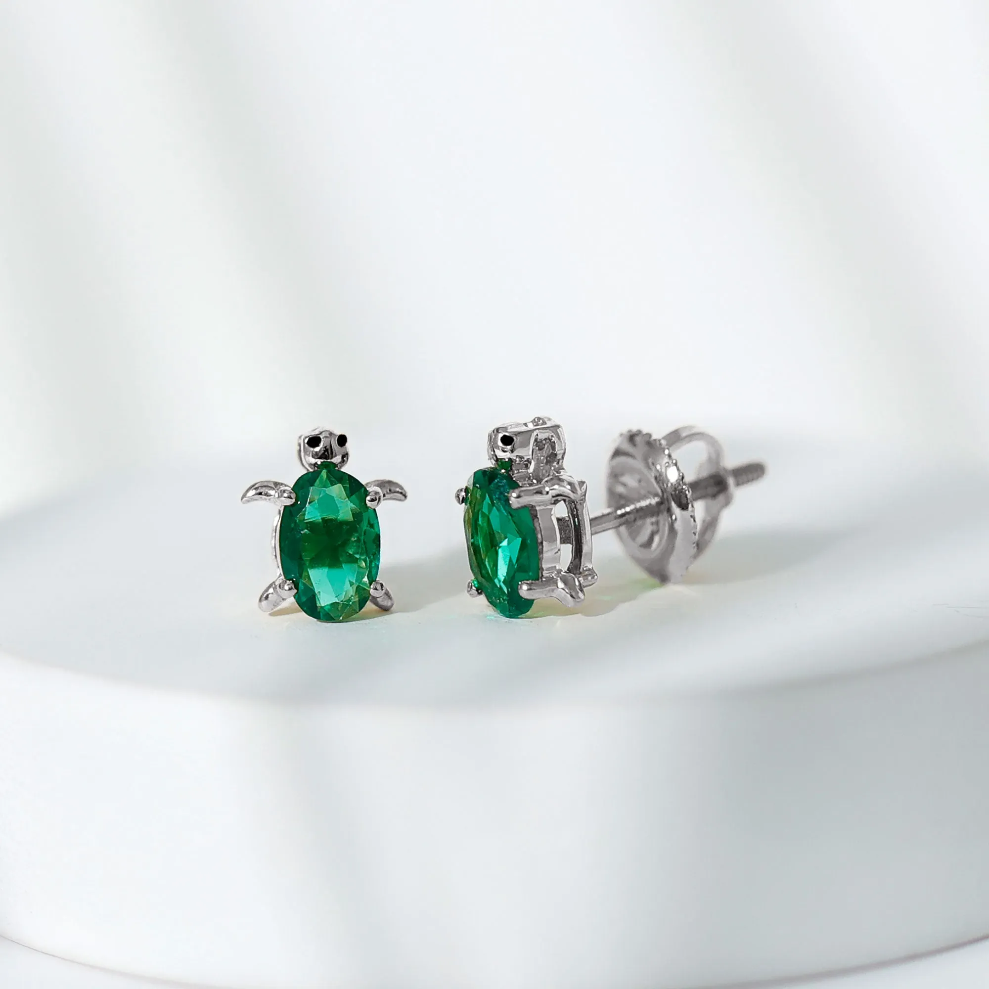 3/4 CT Oval Cut Created Emerald Solitaire Turtle Stud Earrings