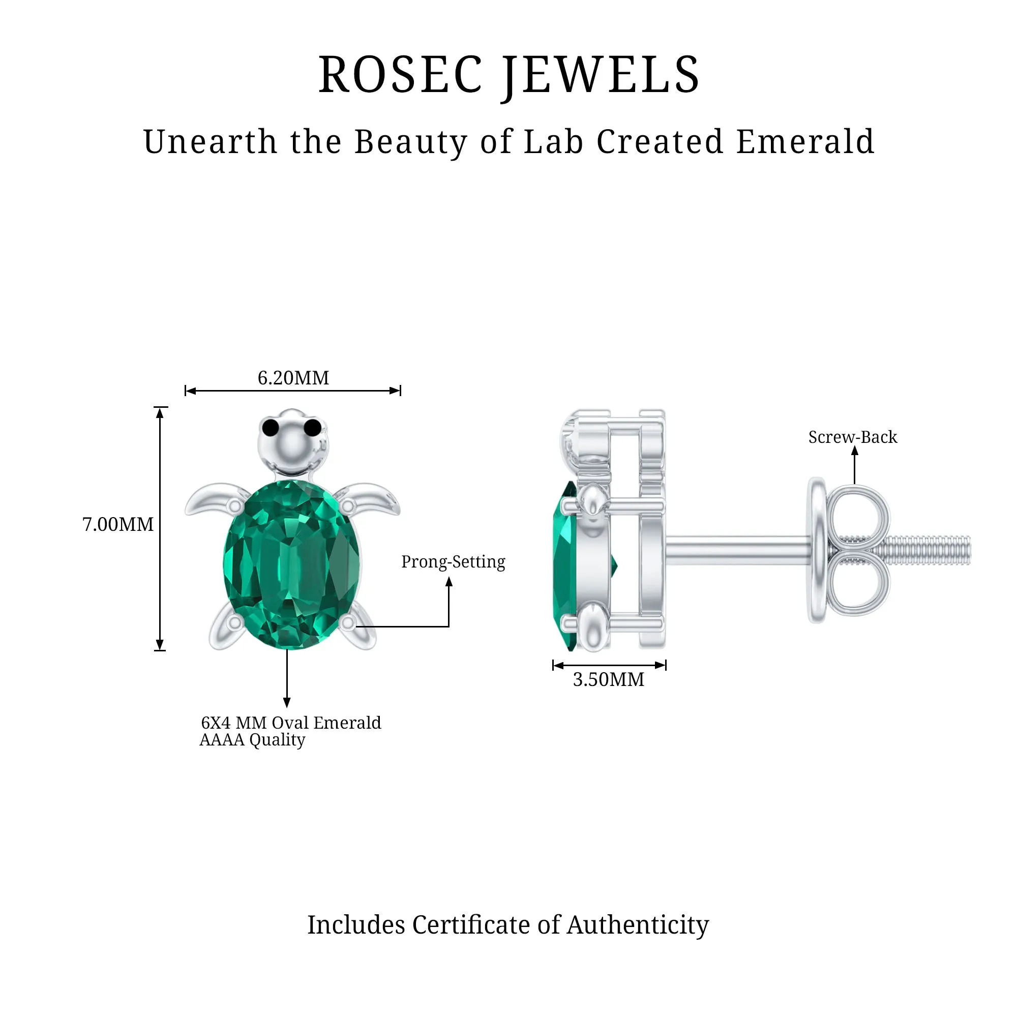 3/4 CT Oval Cut Created Emerald Solitaire Turtle Stud Earrings