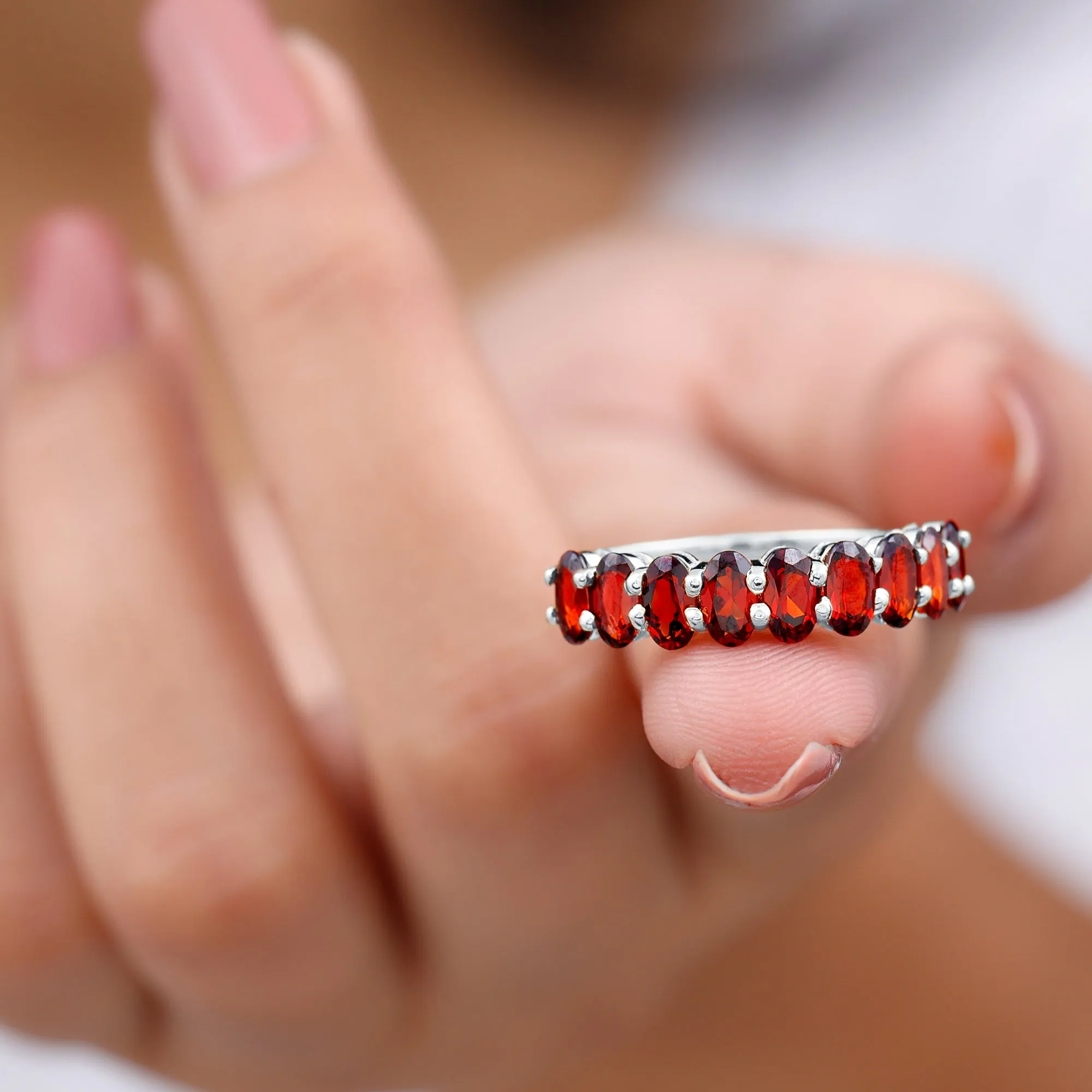 3X5 MM Oval Cut Garnet Half Eternity Ring