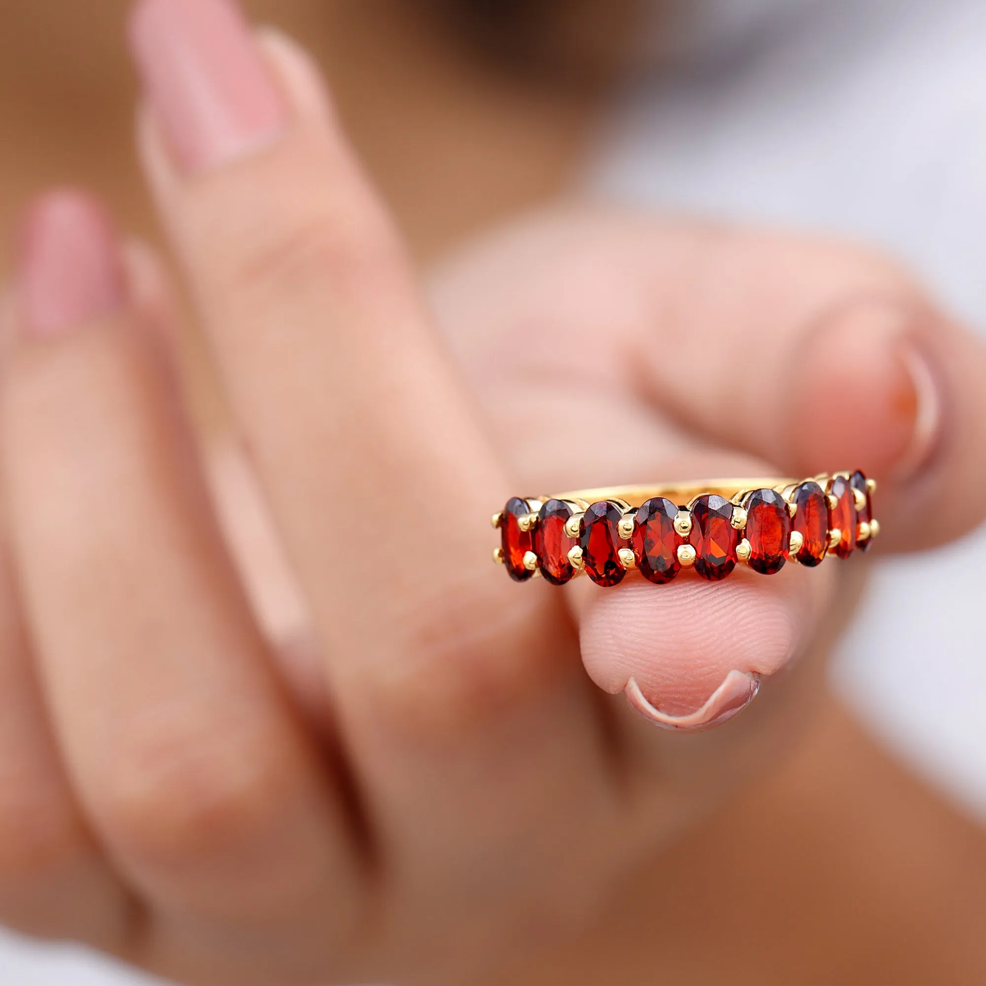 3X5 MM Oval Cut Garnet Half Eternity Ring