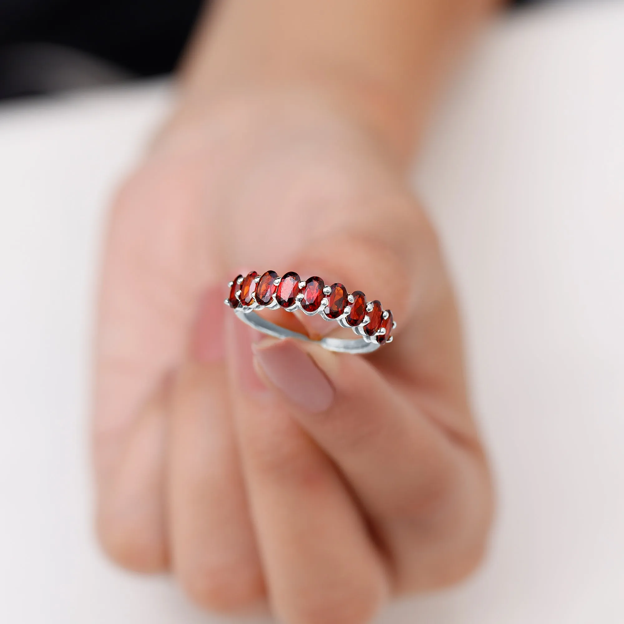 3X5 MM Oval Cut Garnet Half Eternity Ring