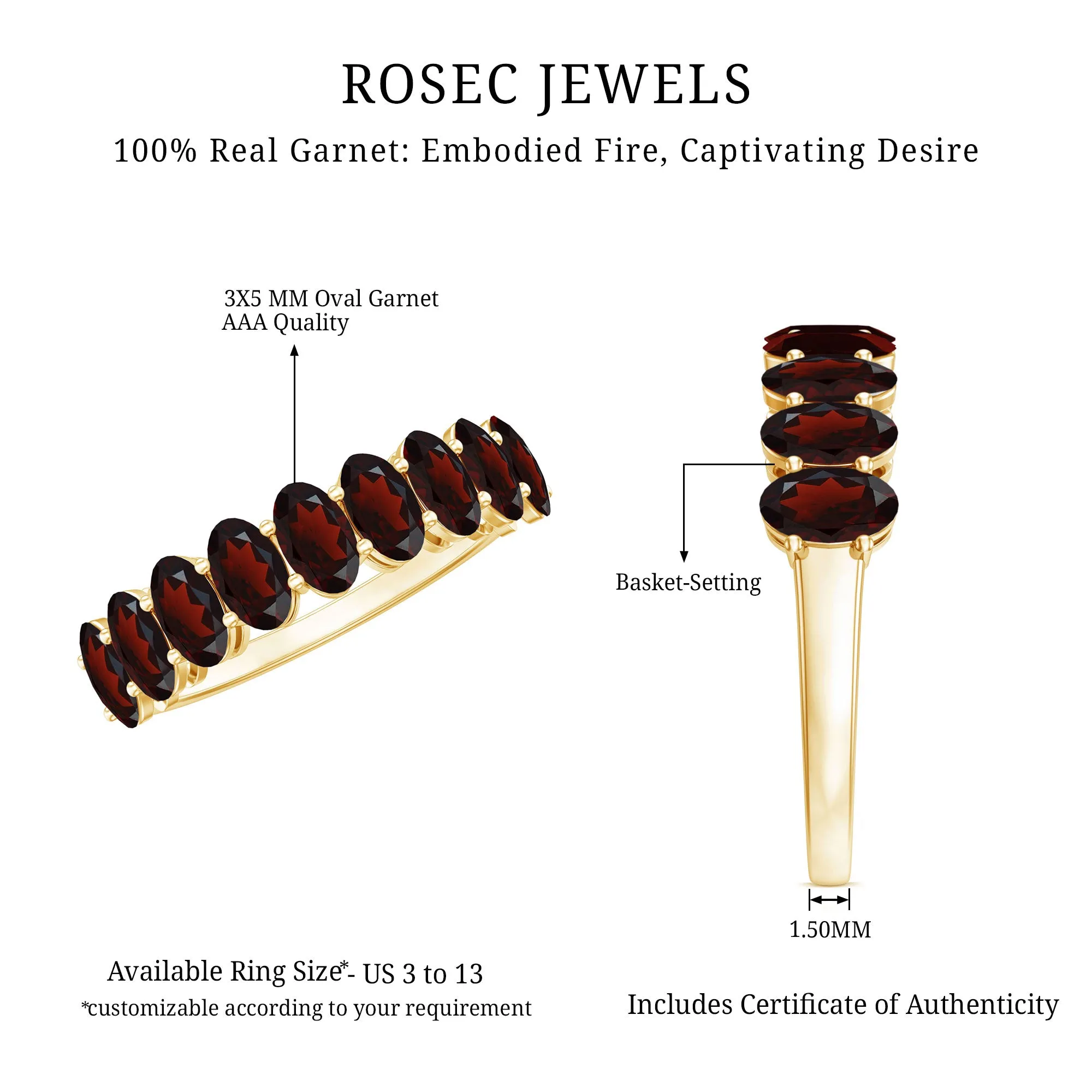 3X5 MM Oval Cut Garnet Half Eternity Ring