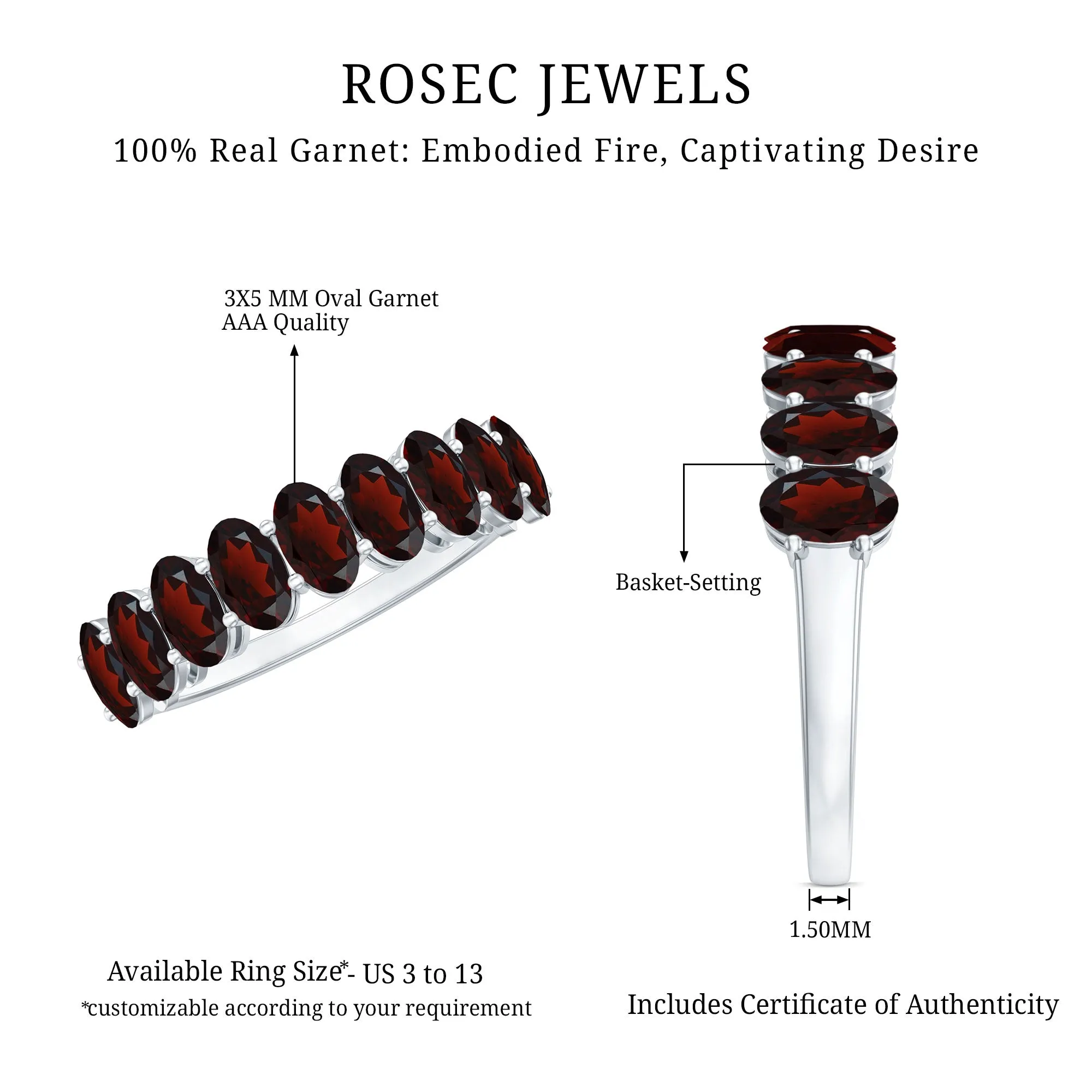 3X5 MM Oval Cut Garnet Half Eternity Ring