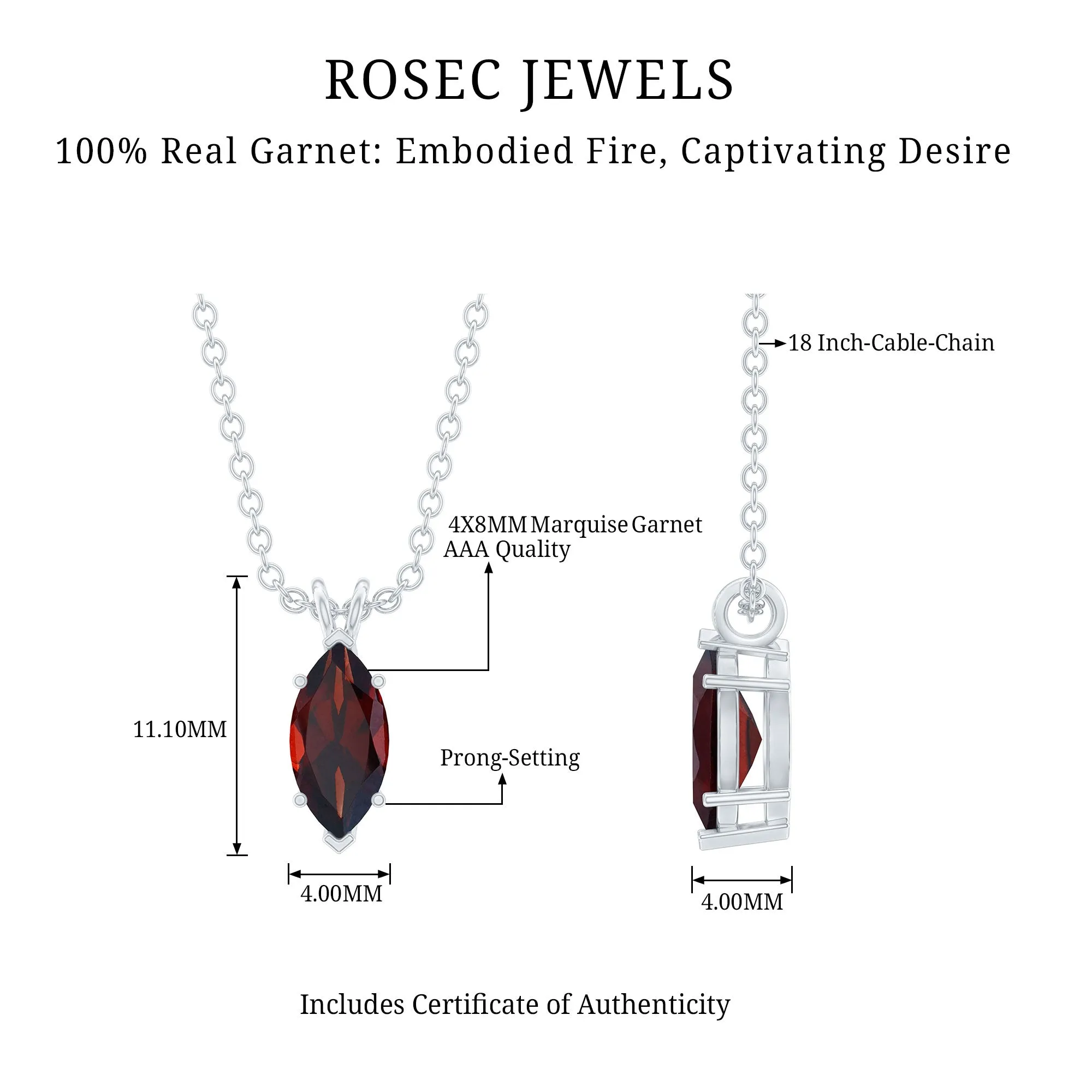 4X8 MM Marquise Cut Garnet Solitaire Pendant
