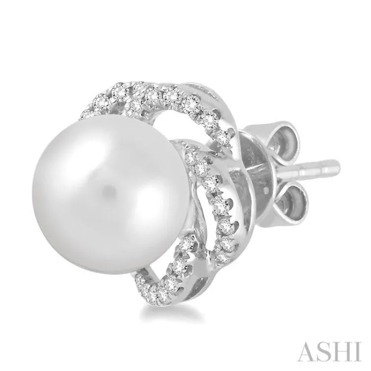 7x7 MM Cultured Pearl and 1/5 Ctw Round Cut Diamond Earrings in 14K White Gold