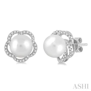 7x7 MM Cultured Pearl and 1/5 Ctw Round Cut Diamond Earrings in 14K White Gold