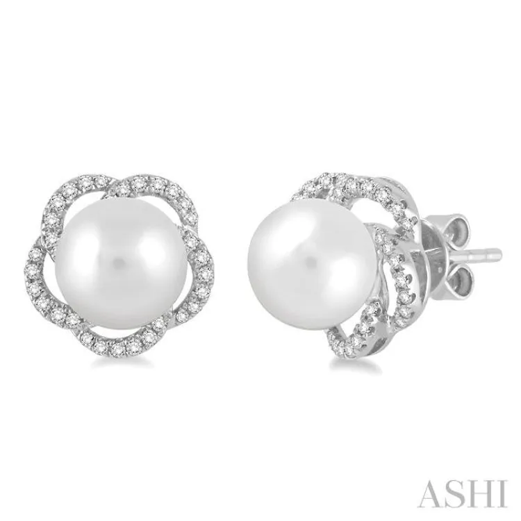 7x7 MM Cultured Pearl and 1/5 Ctw Round Cut Diamond Earrings in 14K White Gold
