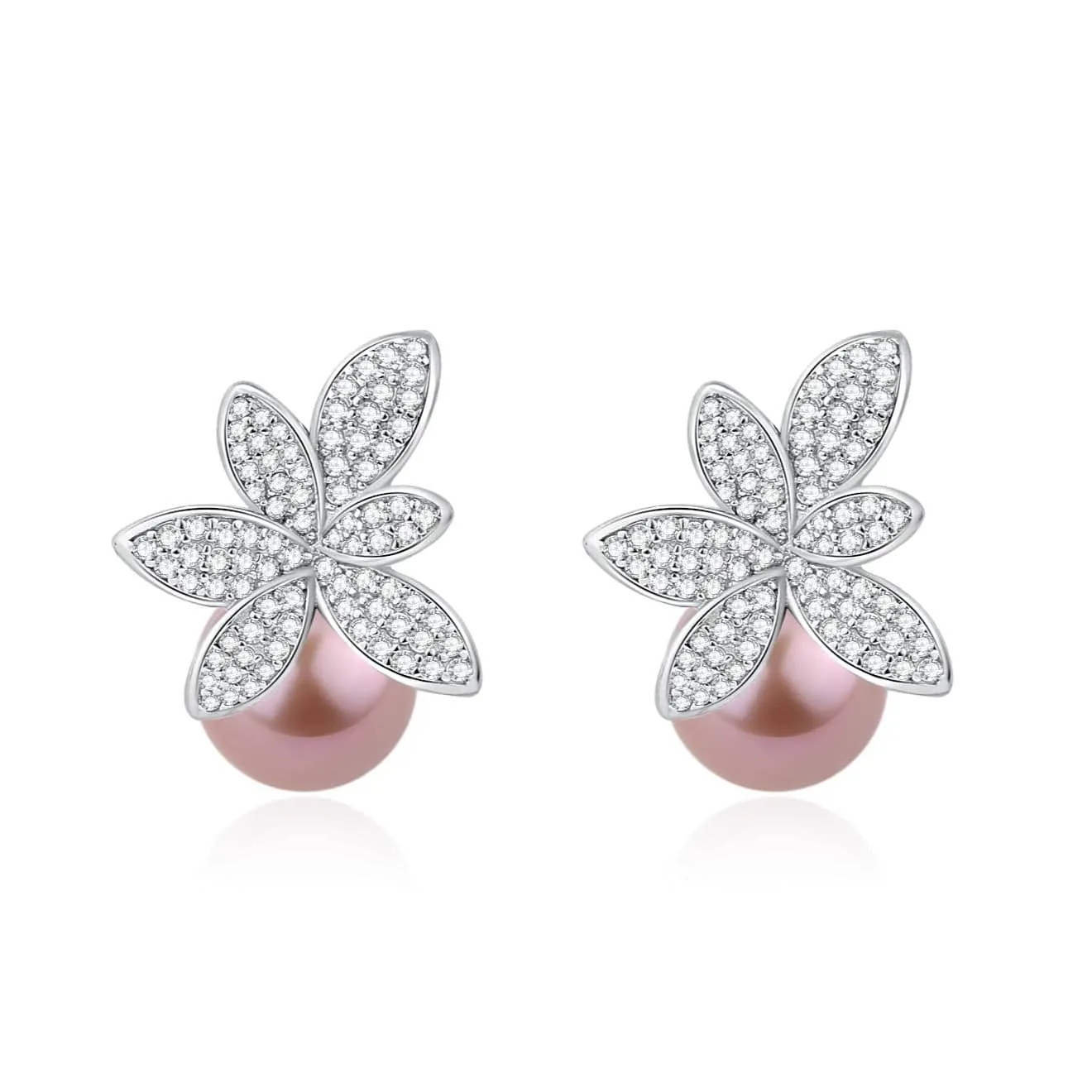 9-10mm Purple Freshwater Pearl & Floral Stud Earrings