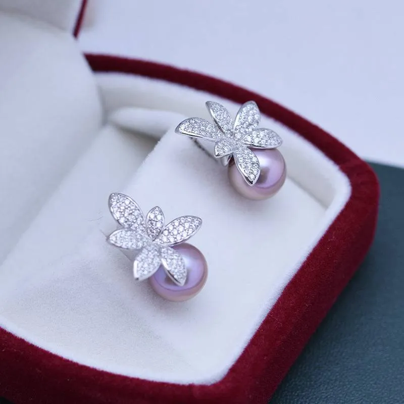 9-10mm Purple Freshwater Pearl & Floral Stud Earrings