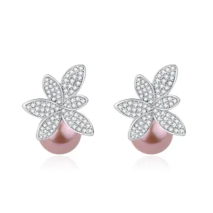 9-10mm Purple Freshwater Pearl & Floral Stud Earrings