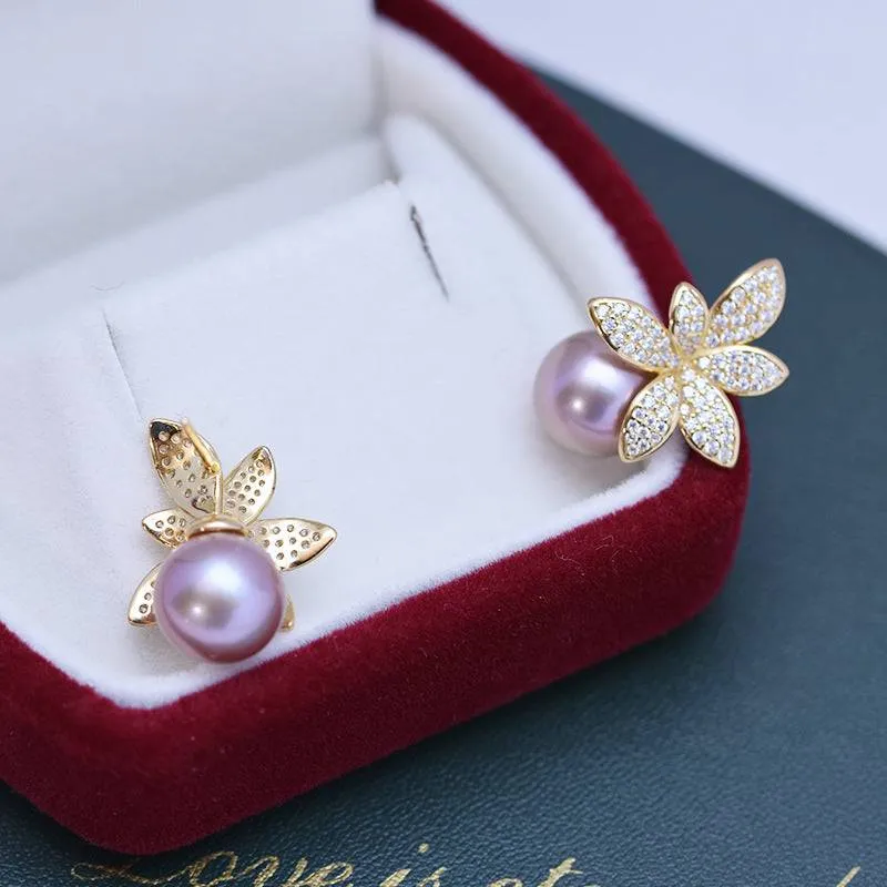 9-10mm Purple Freshwater Pearl & Floral Stud Earrings