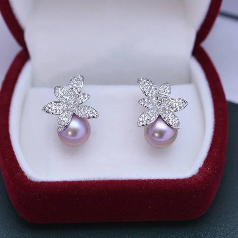 9-10mm Purple Freshwater Pearl & Floral Stud Earrings