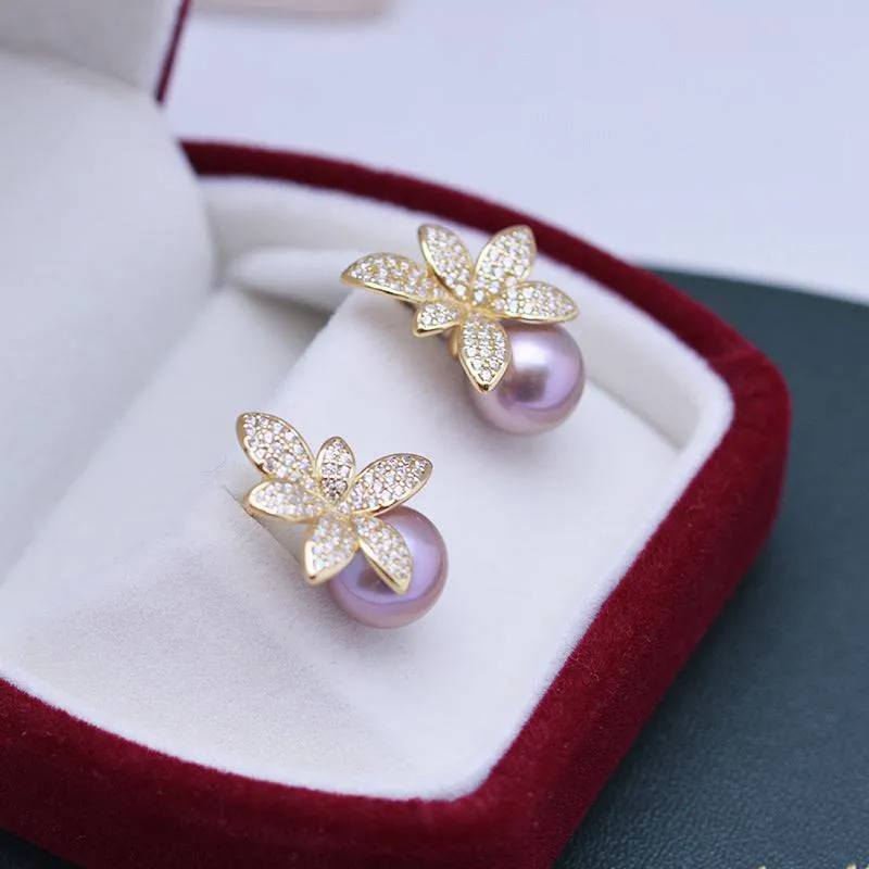 9-10mm Purple Freshwater Pearl & Floral Stud Earrings