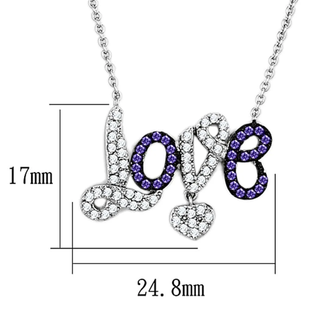 Alamode Rhodium   Ruthenium Brass Necklace with AAA Grade CZ in Amethyst