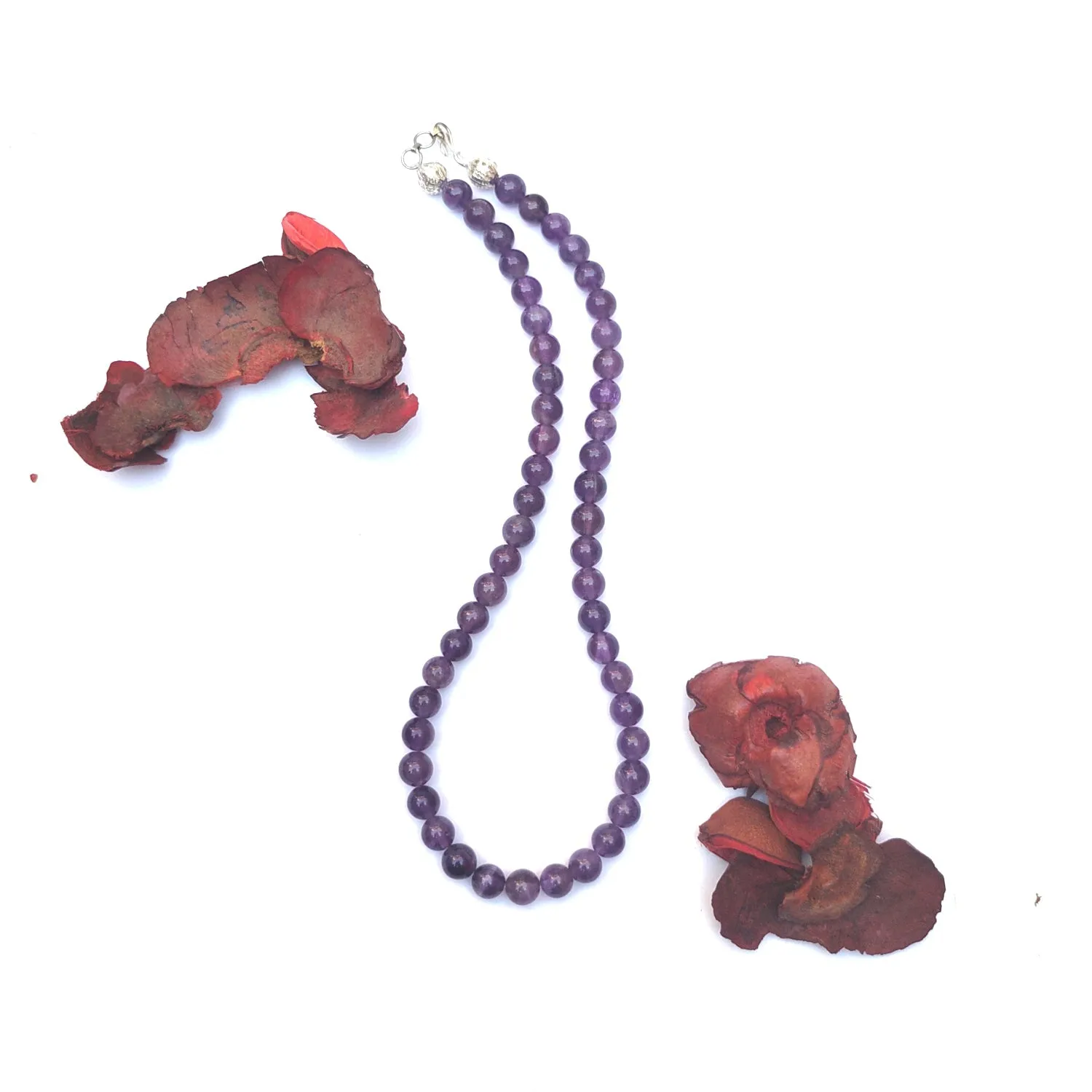 Amethyst Crystal Round Beads Necklace - 15 Inches, 6mm Beads (Semi-Precious Mala)