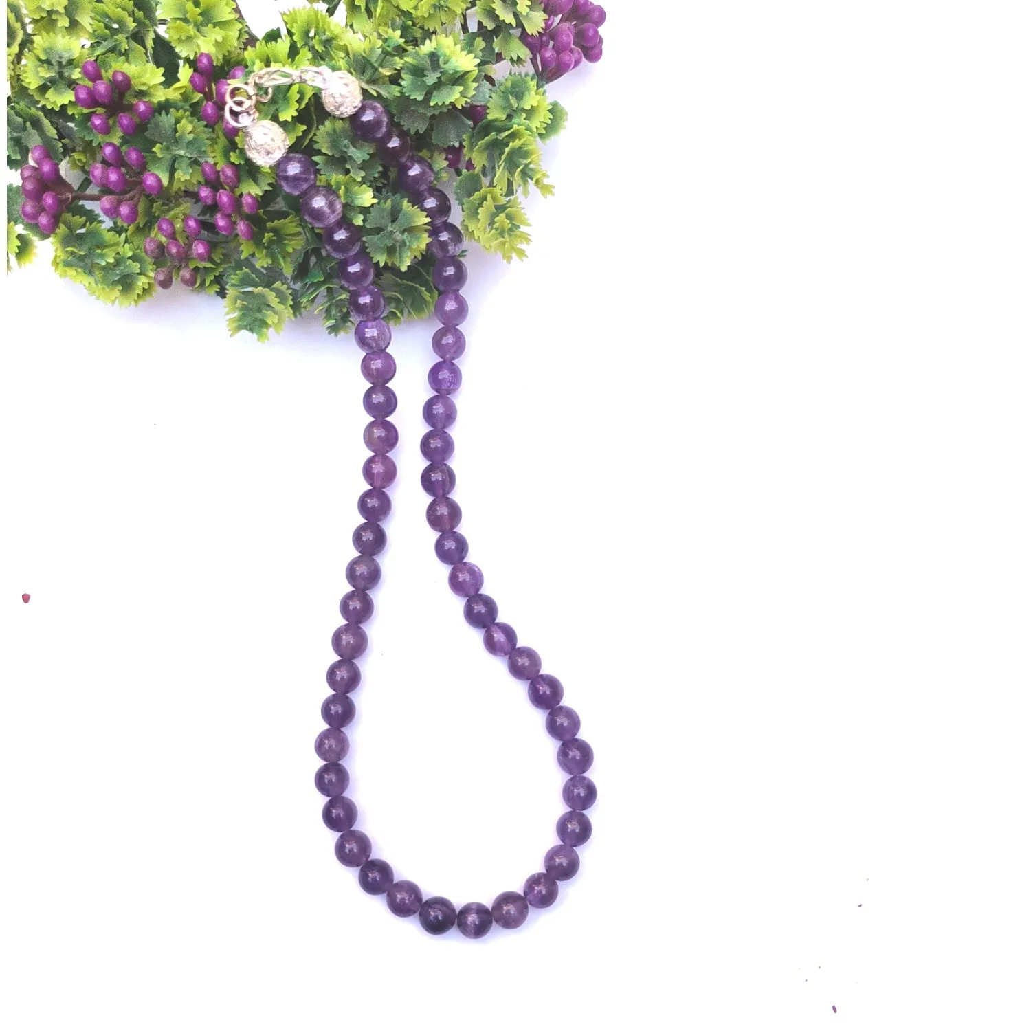 Amethyst Crystal Round Beads Necklace - 15 Inches, 6mm Beads (Semi-Precious Mala)