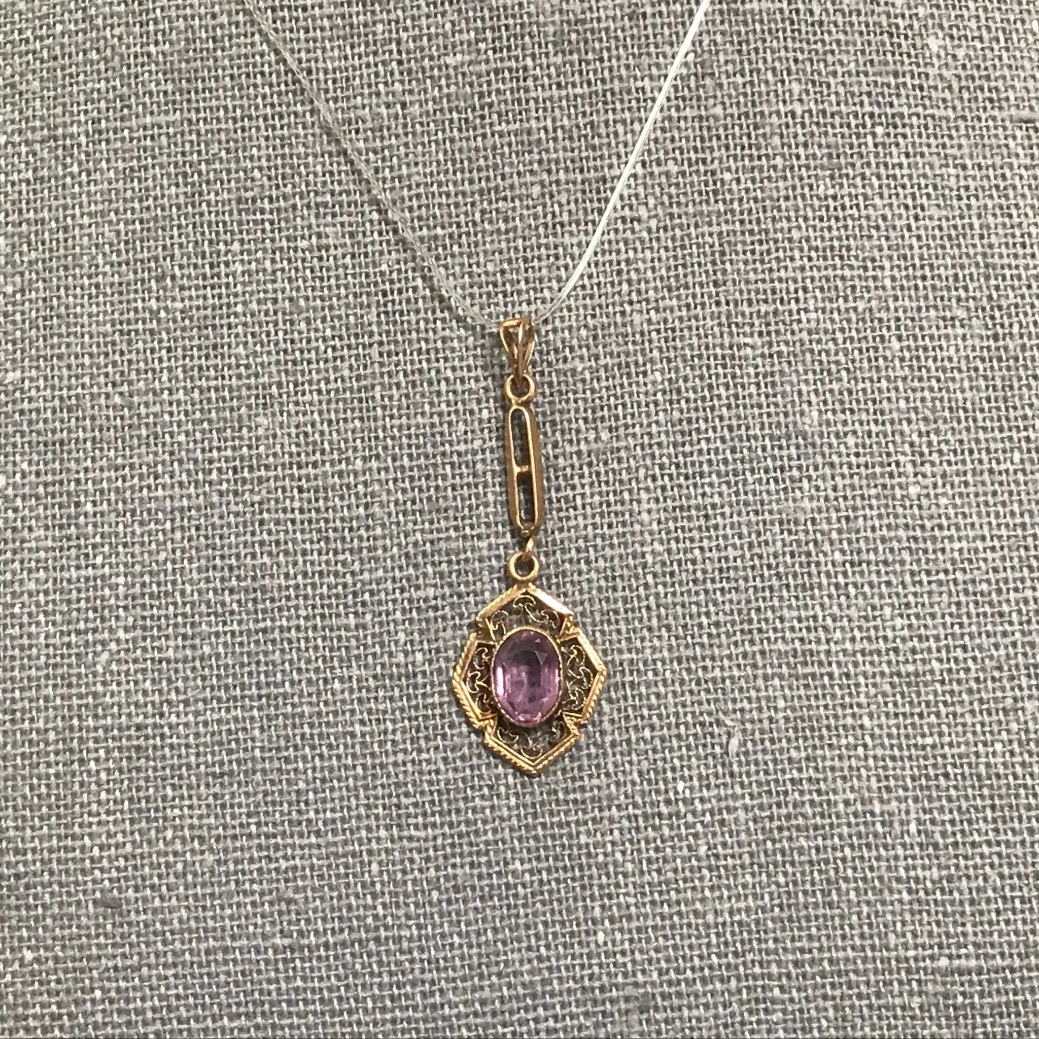 Antique Amethyst Drop Pendant set in 10K Yellow Gold. February Birthstone Estate Jewelry.