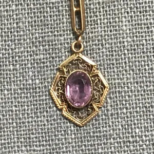 Antique Amethyst Drop Pendant set in 10K Yellow Gold. February Birthstone Estate Jewelry.