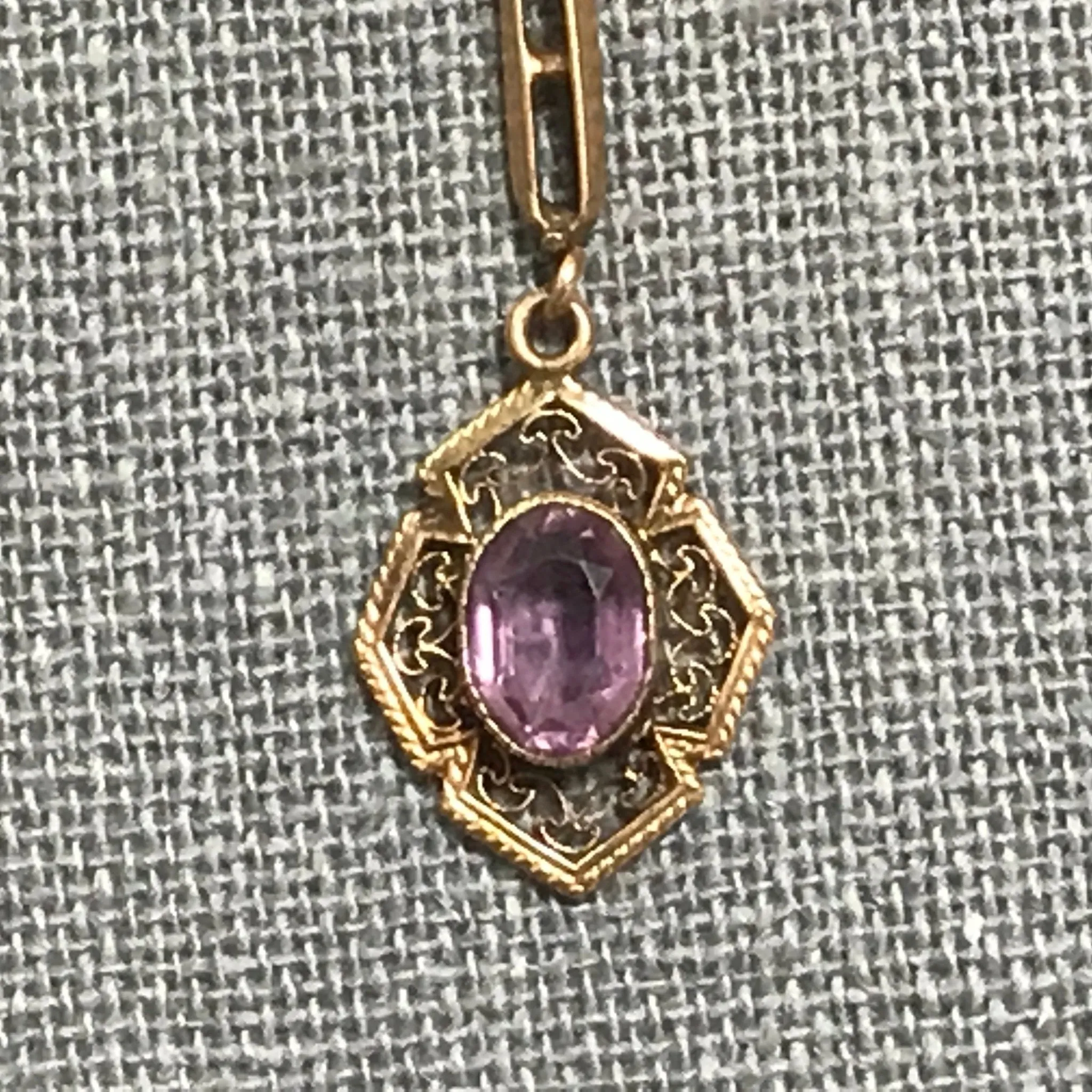 Antique Amethyst Drop Pendant set in 10K Yellow Gold. February Birthstone Estate Jewelry.