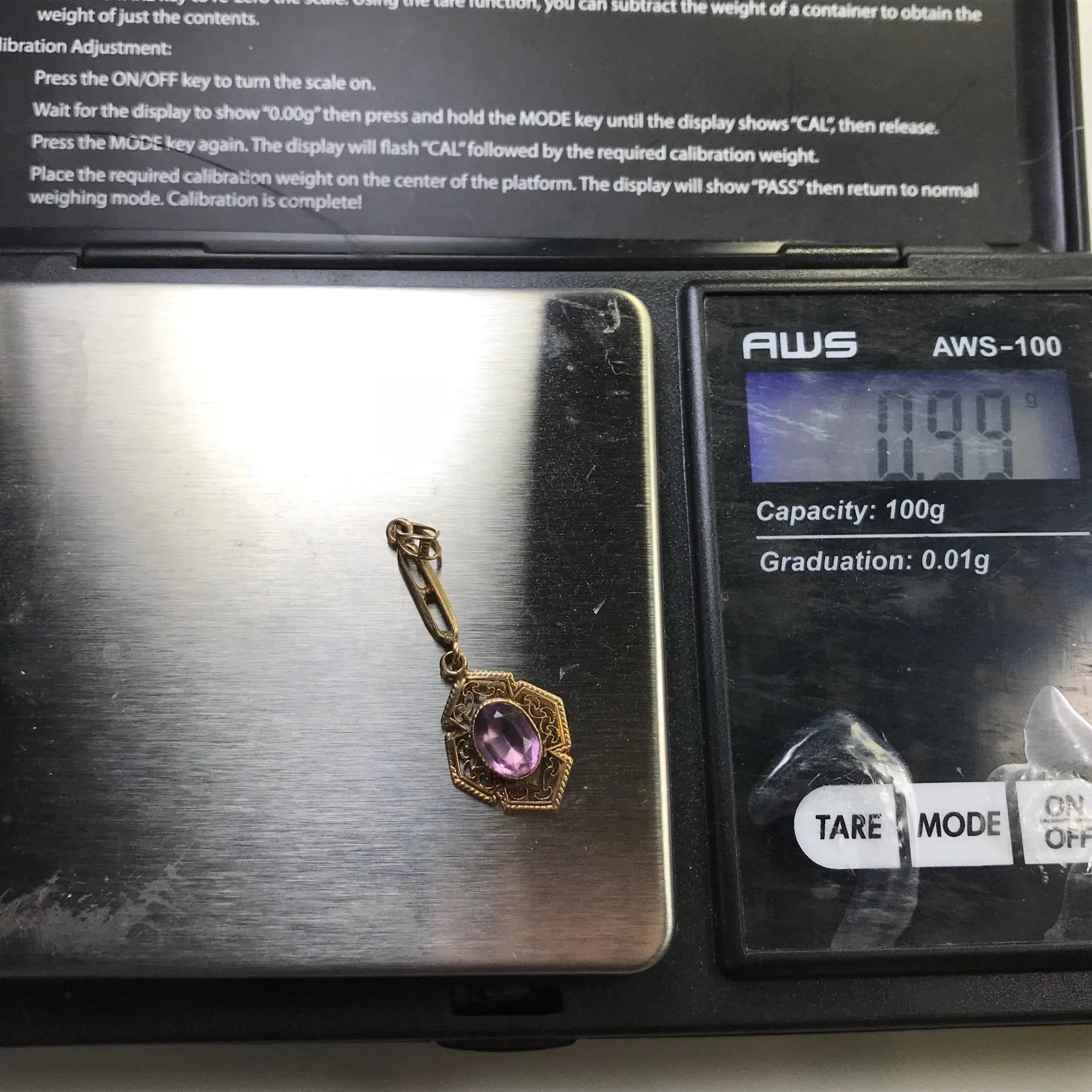 Antique Amethyst Drop Pendant set in 10K Yellow Gold. February Birthstone Estate Jewelry.
