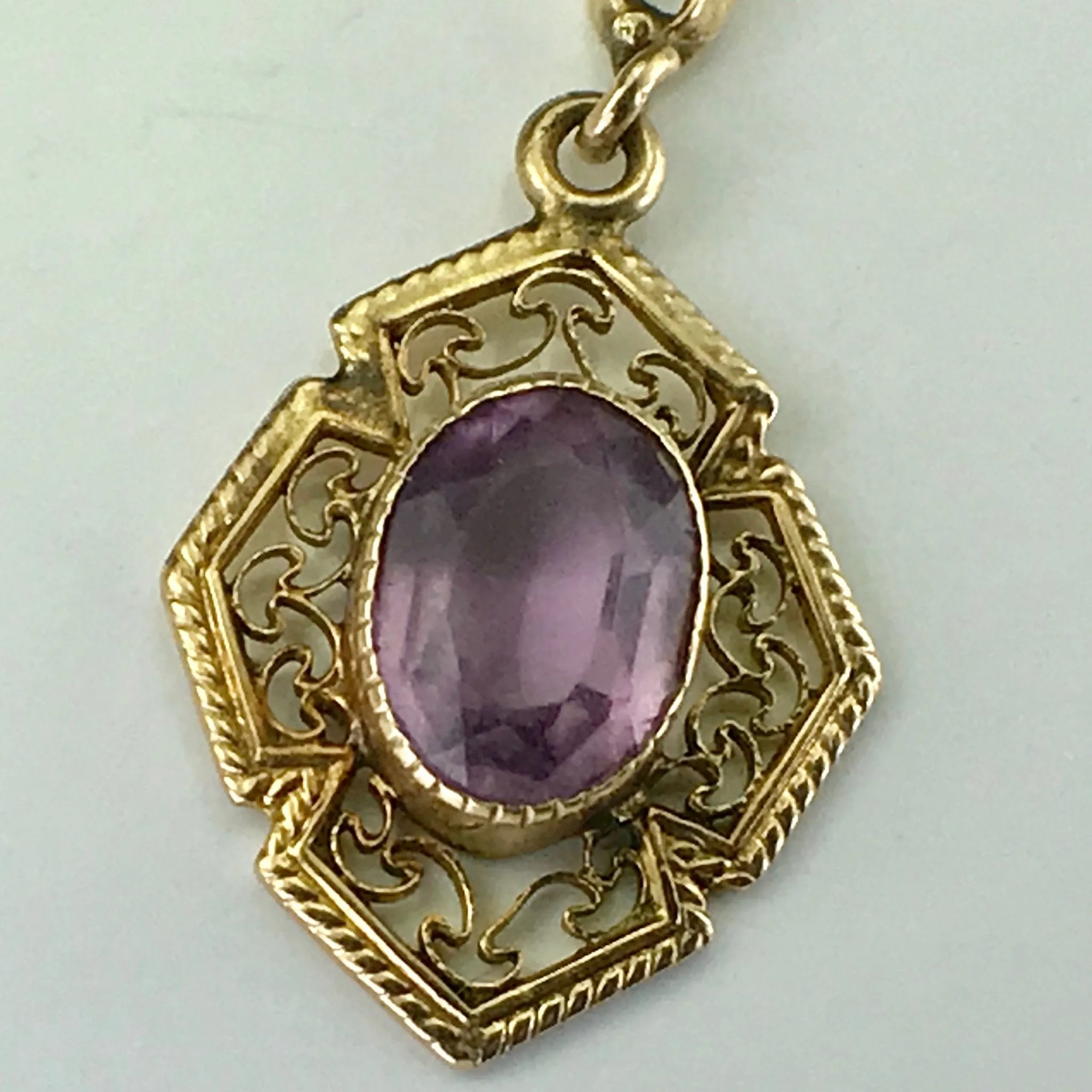 Antique Amethyst Drop Pendant set in 10K Yellow Gold. February Birthstone Estate Jewelry.