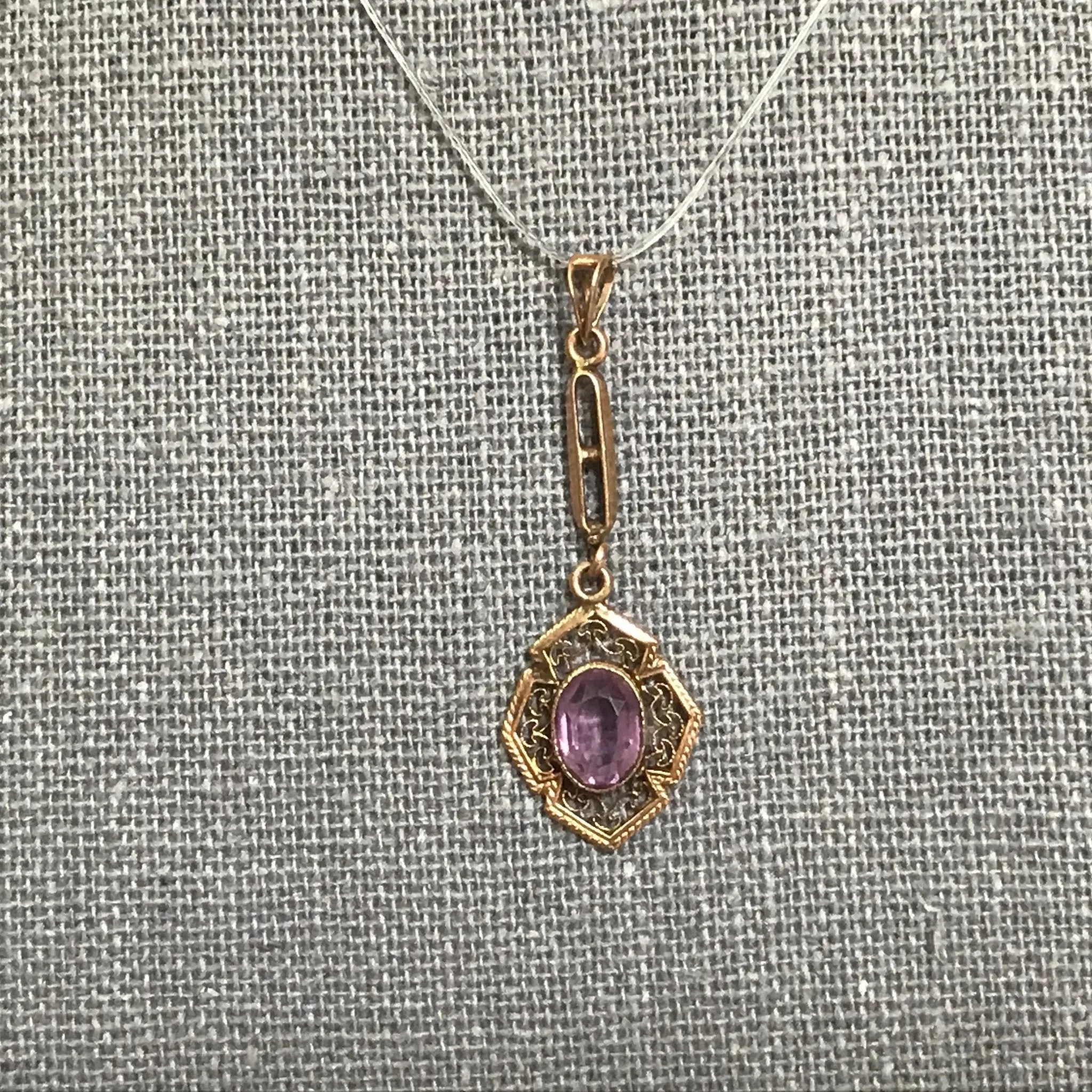 Antique Amethyst Drop Pendant set in 10K Yellow Gold. February Birthstone Estate Jewelry.